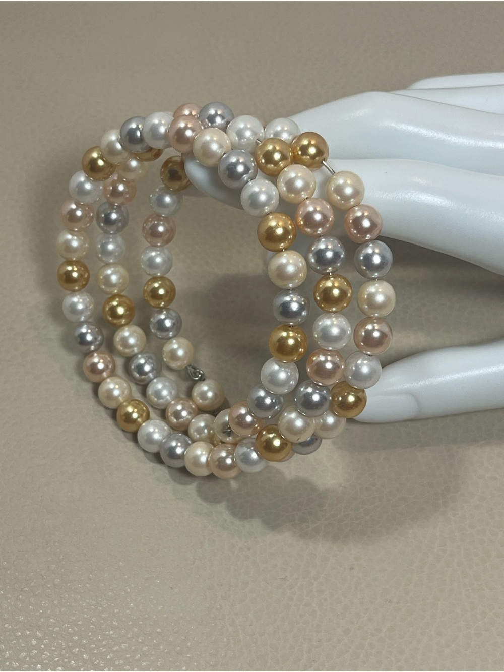 Multi -Tone Cultured Faux Pearl Coil Bracelet - Gold, Silver, Ivory